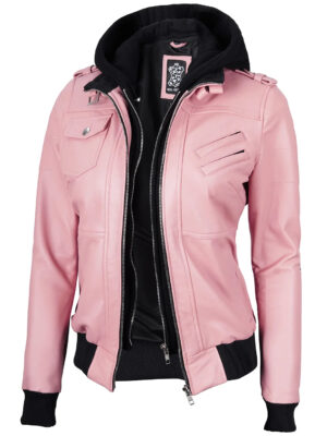 Edinburgh Pink Leather Bomber Jacket With Hood