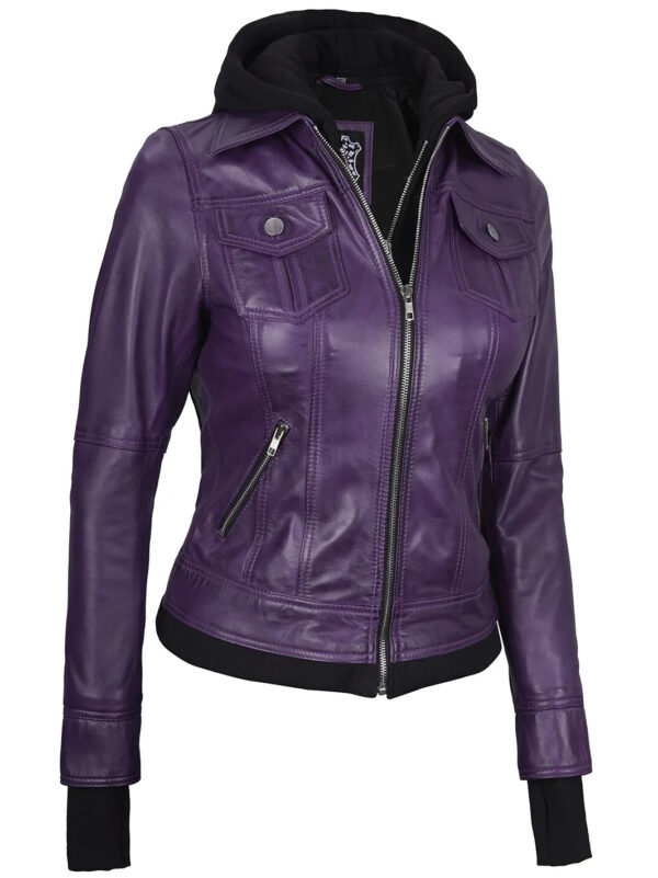 Betty Purple Leather Jacket With Removable Hood