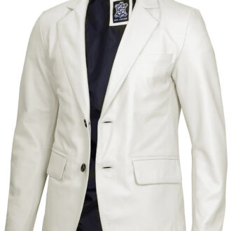 Mens Two Buttons Off White Leather Blazer