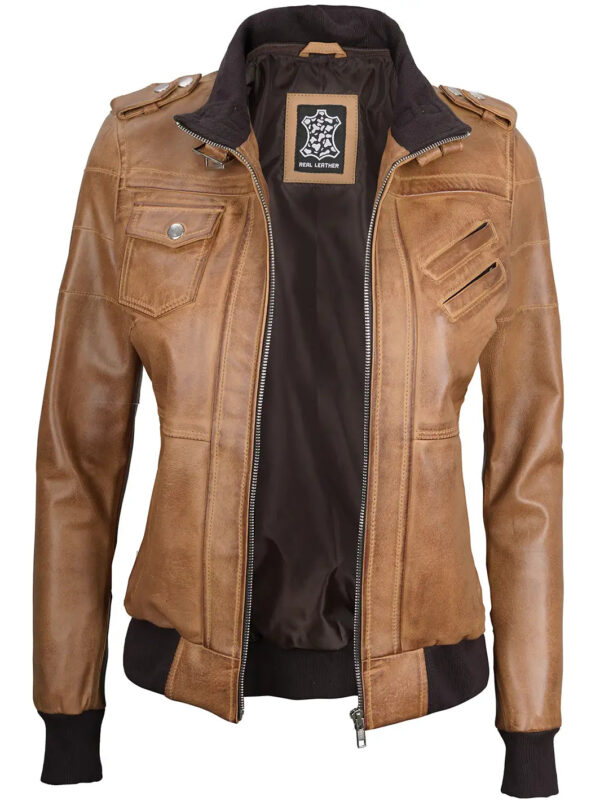 Edinburgh Camel Brown Hooded Leather Bomber Jacket