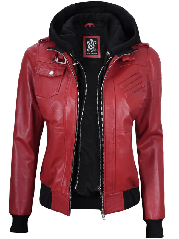 Edinburgh Red Leather Bomber Jacket With Hood