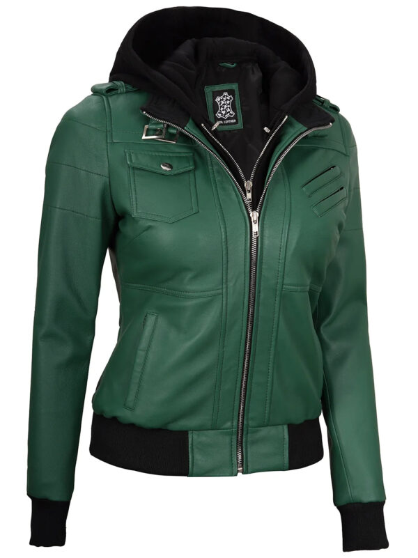 Edinburgh Green Bomber Hooded Leather Jacket