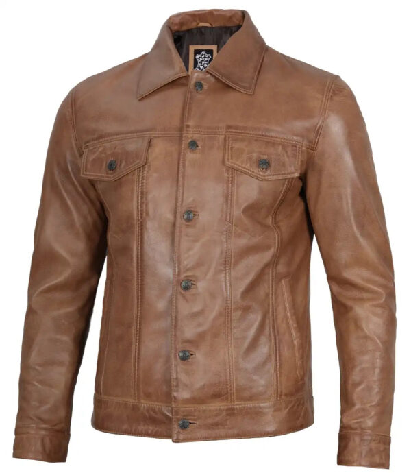 Men's Camel Brown Leather Trucker Jacket