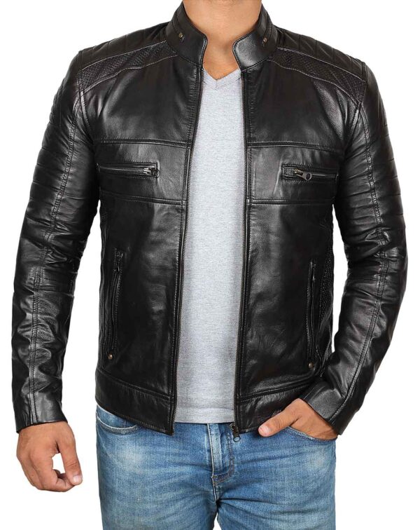 Austin Mens Tall Black Cafe Racer Leather Jacket