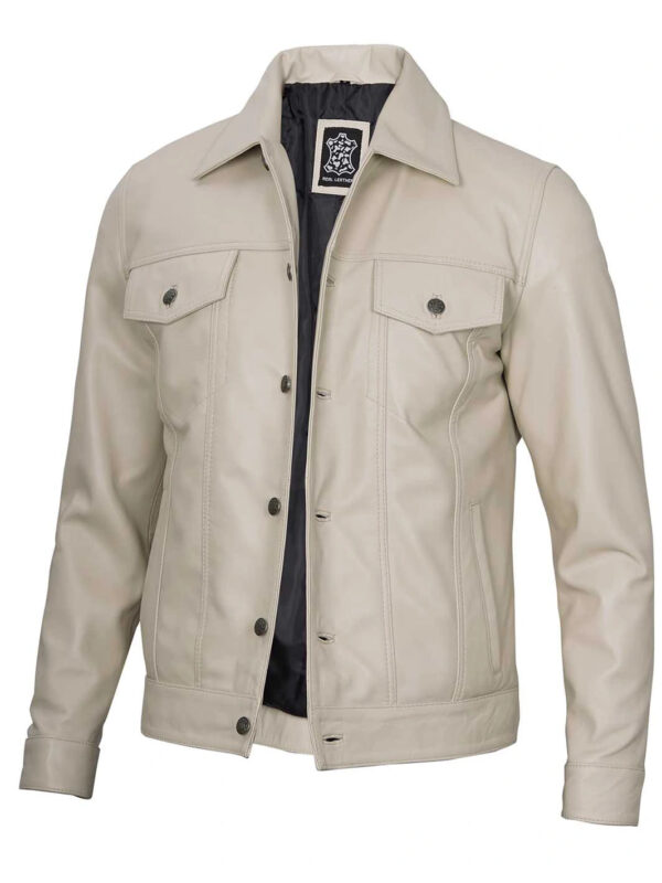 Fernando Men's Beige Real Leather Trucker Jacket