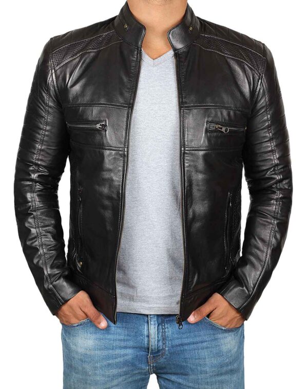 Austin Mens Tall Black Cafe Racer Leather Jacket