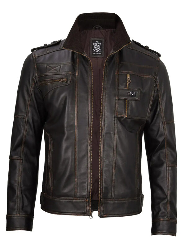 Tavares Dark Brown Rub Off Leather Biker Jacket