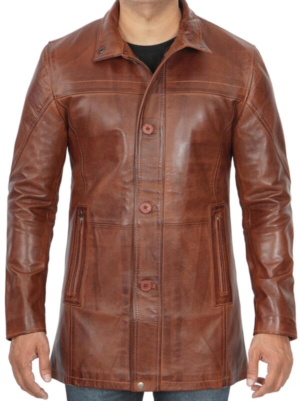 Bristol Tall Mens Vintage Cognac Brown Leather Car Coat