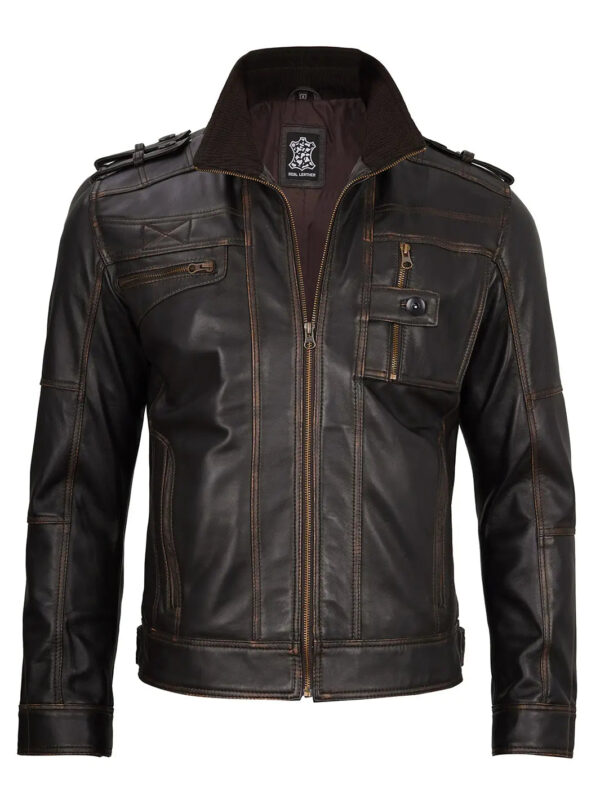 Tavares Dark Brown Rub Off Leather Biker Jacket