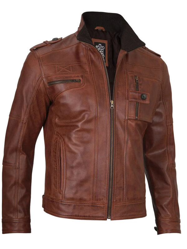 Tavares Cognac Brown Leather Biker Jacket