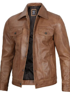 Men's Camel Brown Leather Trucker Jacket