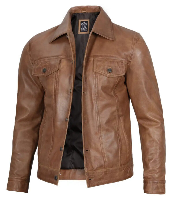 Men's Camel Brown Leather Trucker Jacket