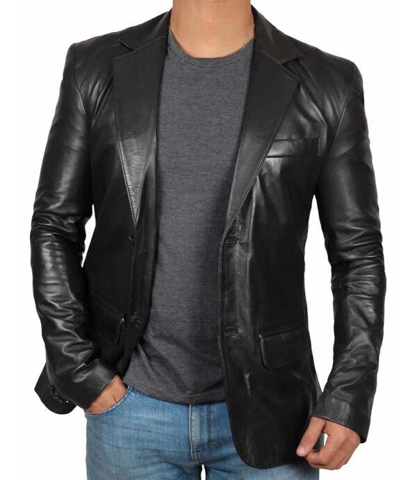 Tall Men's Two Buttons Black Real Leather Blazer