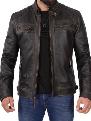 Diamond Mens Tall Cafe Racer Distressed Brown Leather Jacket