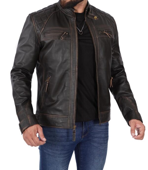 Diamond Mens Tall Cafe Racer Distressed Brown Leather Jacket