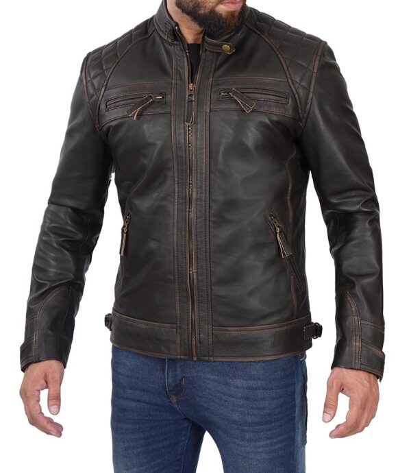 Diamond Mens Tall Cafe Racer Distressed Brown Leather Jacket