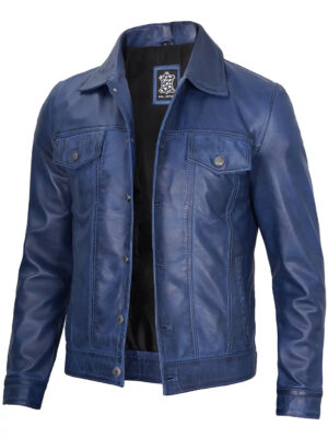 Fernando Men's Blue Leather Trucker Jacket