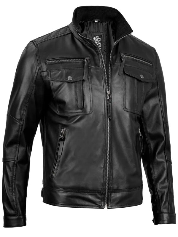 Moffit Mens Black Cafe Racer Real Leather Jacket