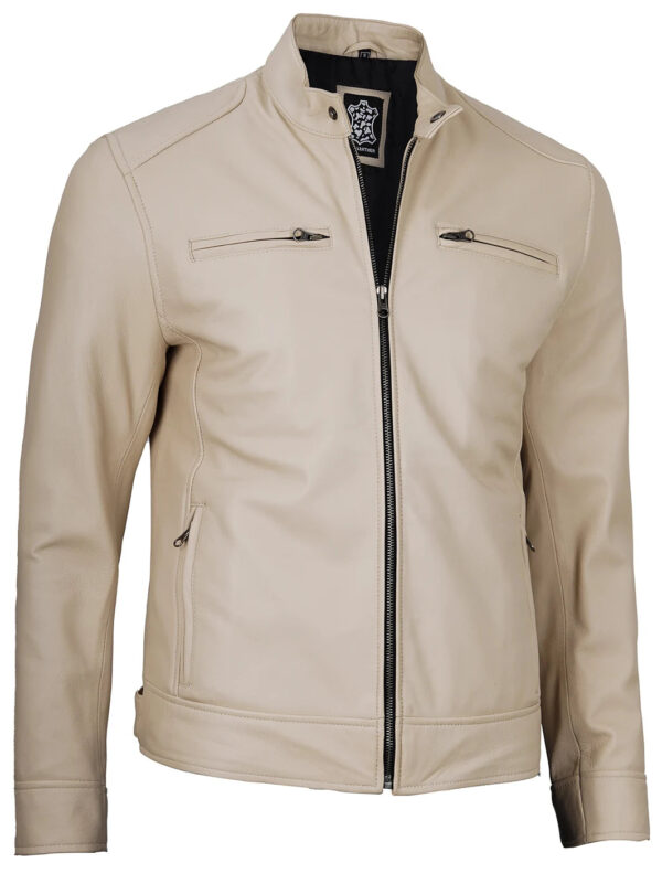 Dodge Beige Cafe Racer Leather Biker Jacket