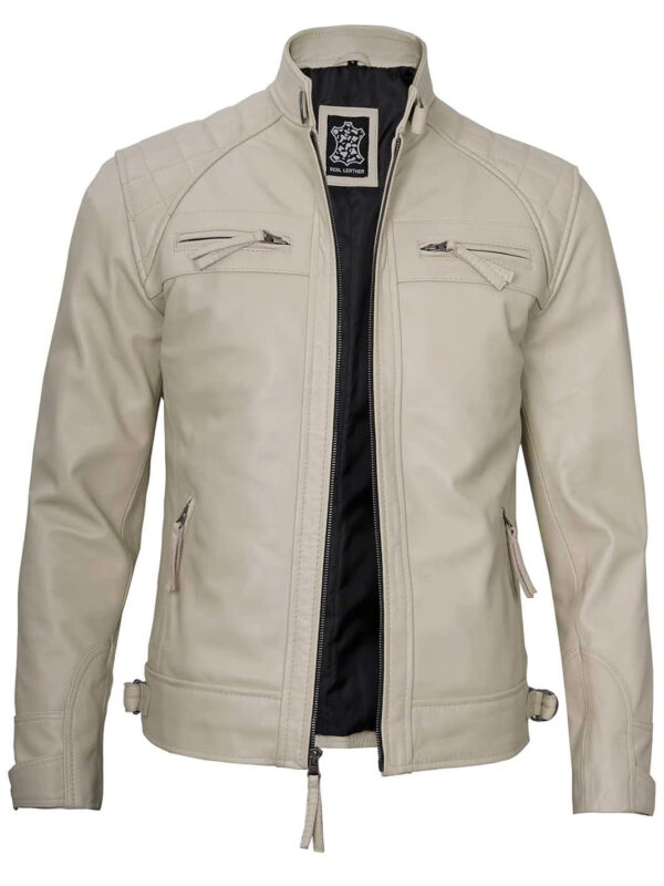 Johnson Mens Beige Quilted Cafe Racer Leather Jacket