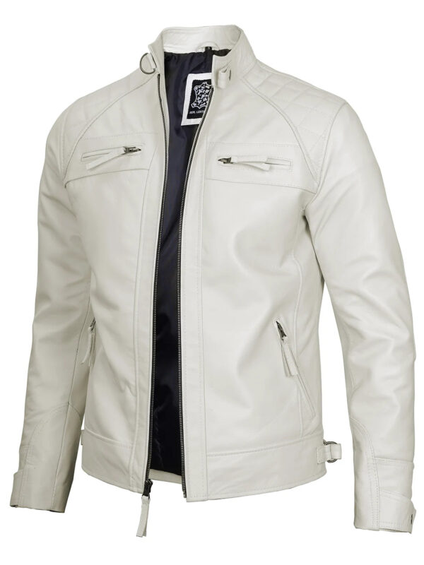 Johnson Mens Off White Quilted Cafe Racer Leather Jacket