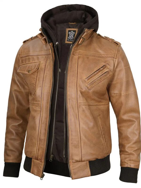 Edinburgh Mens Camel Brown Hooded Leather Jacket