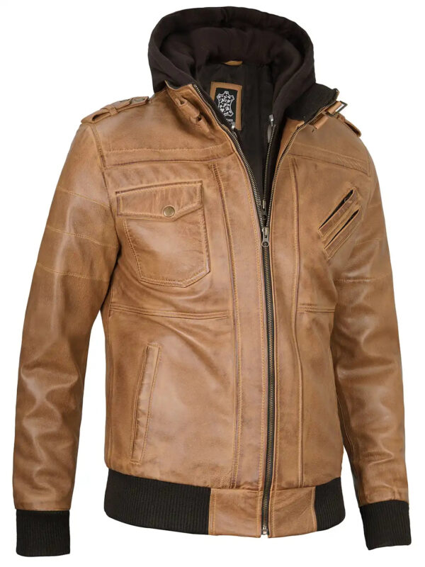 Edinburgh Mens Camel Brown Hooded Leather Jacket