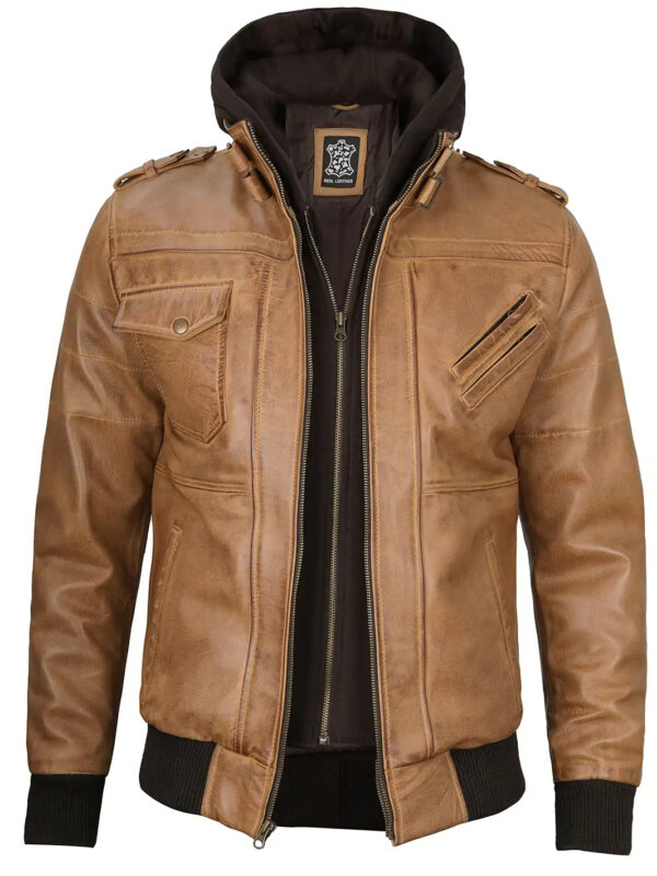 Edinburgh Mens Camel Brown Hooded Leather Jacket