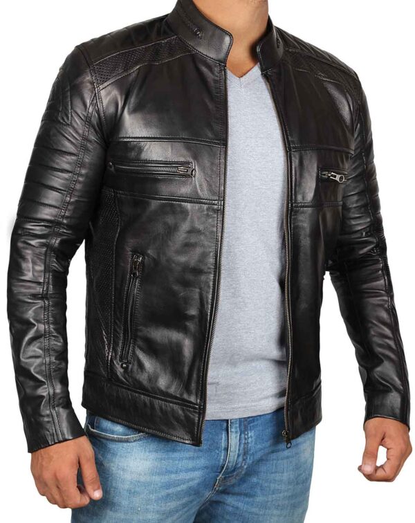 Austin Mens Tall Black Cafe Racer Leather Jacket