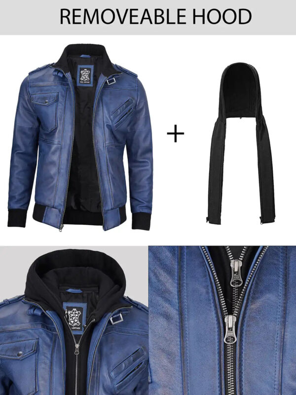 Edinburgh Mens Blue Wax Leather Jacket With Hood