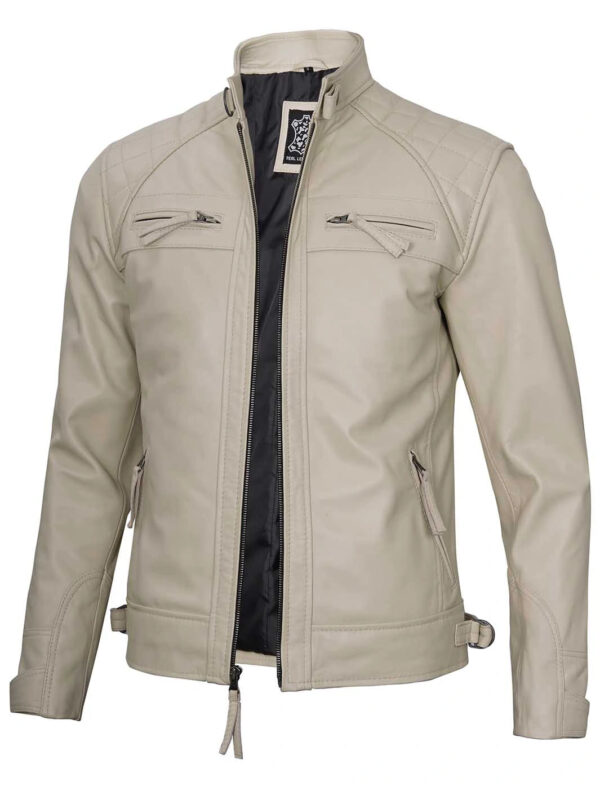 Johnson Mens Beige Quilted Cafe Racer Leather Jacket