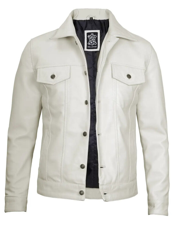 Fernando Men's Off White Leather Trucker Jacket