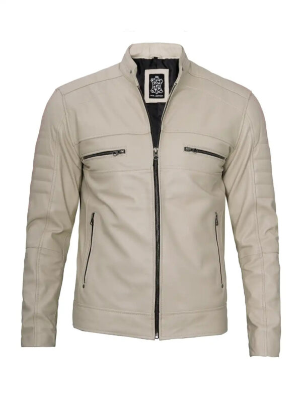 Mens Beige Cafe Racer Style Leather Jacket