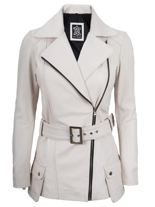 Women Off White Asymmetrical Biker Leather Jacket