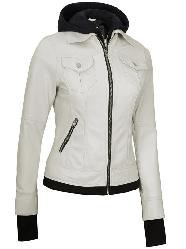 Womens Off White Motorcycle Leather Jacket with Hood