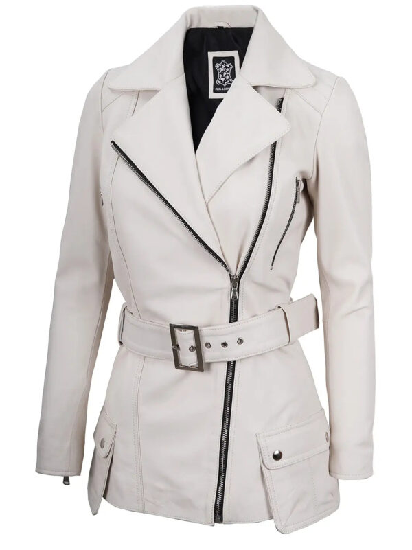 Women Off White Asymmetrical Biker Leather Jacket