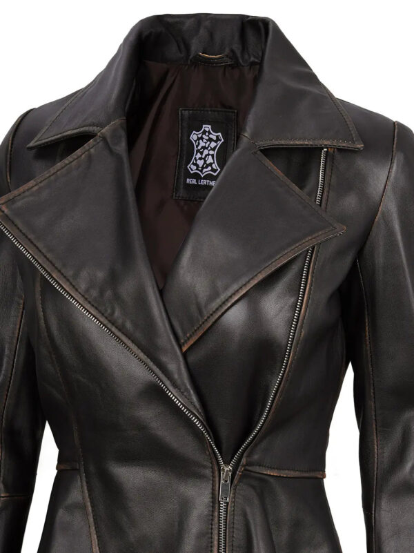 Clarissa Rub Off Brown Asymmetrical Peplum Leather Jacket