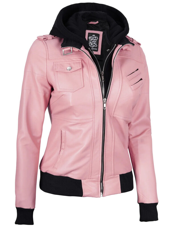 Edinburgh Pink Leather Bomber Jacket With Hood