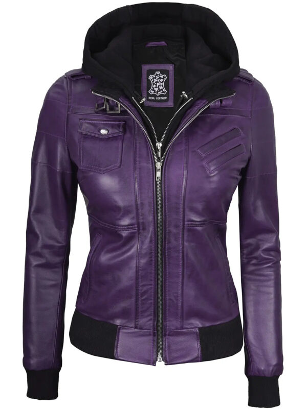 Edinburgh Purple Hooded Leather Bomber Jacket