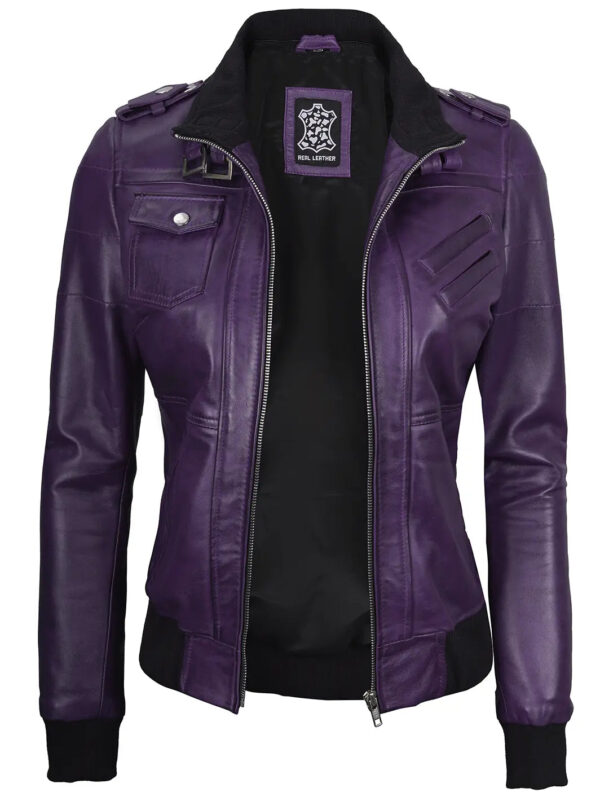 Edinburgh Purple Hooded Leather Bomber Jacket