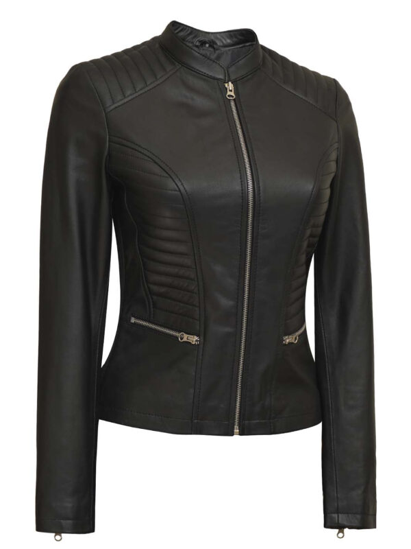 Rachel Womens Petite Black Cafe Racer Leather Jacket