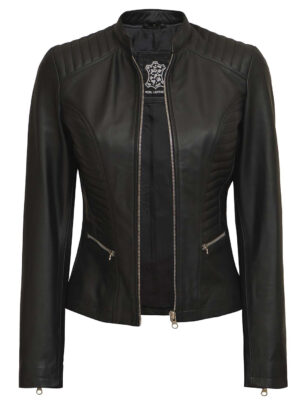 Rachel Womens Petite Black Cafe Racer Leather Jacket