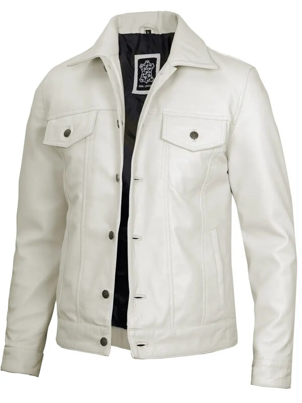 Fernando Men's Off White Leather Trucker Jacket