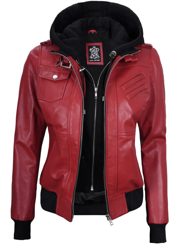 Edinburgh Red Leather Bomber Jacket With Hood