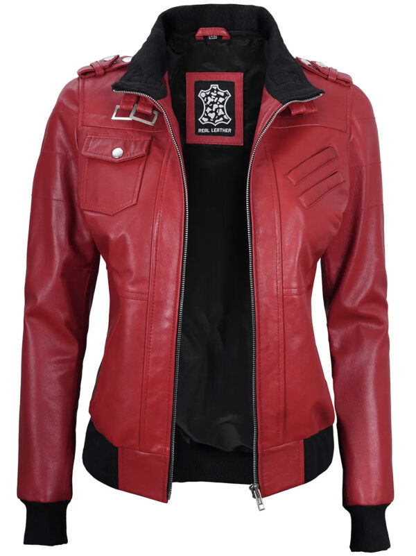 Edinburgh Red Leather Bomber Jacket With Hood