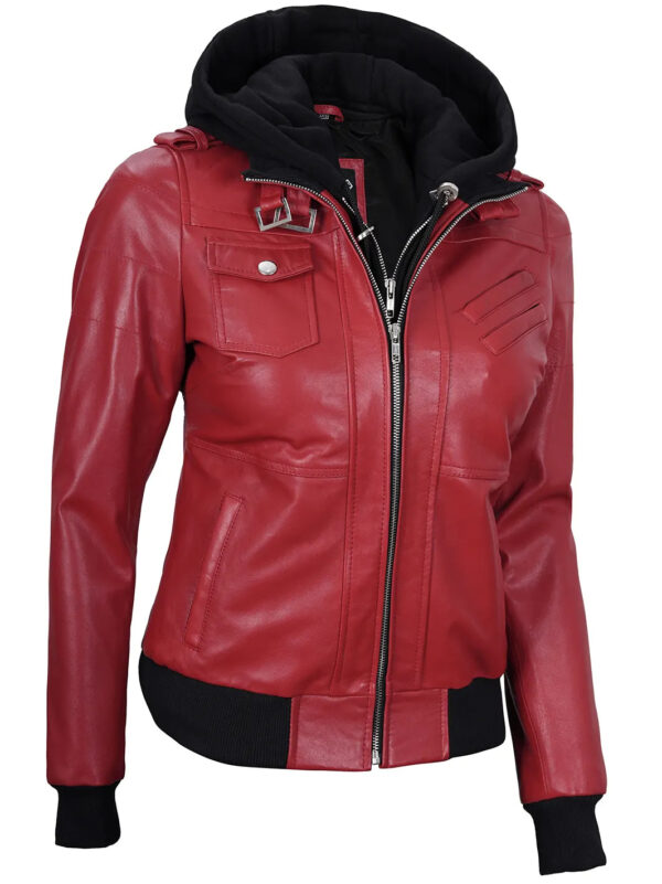 Edinburgh Red Leather Bomber Jacket With Hood