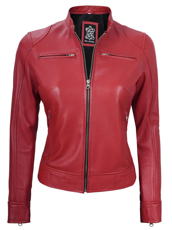 Dodge Red Cafe Racer Leather Biker Jacket