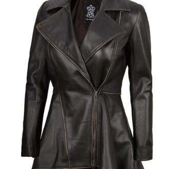 Clarissa Rub Off Brown Asymmetrical Peplum Leather Jacket