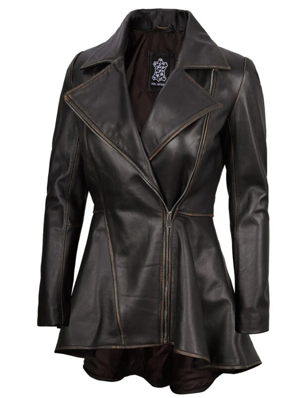 Clarissa Rub Off Brown Asymmetrical Peplum Leather Jacket