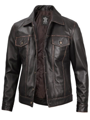 Men's Dark Brown Trucker Leather Jacket